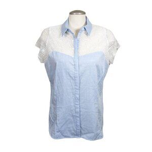 Peter Nygard Womens Button Up Top Blouse Med Lace Shoulder Chambray Blue Cotton